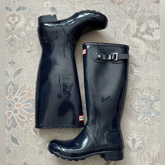Hunter Original Tall Gloss Navy Blue Waterproof Boots - Picture 4 of 16